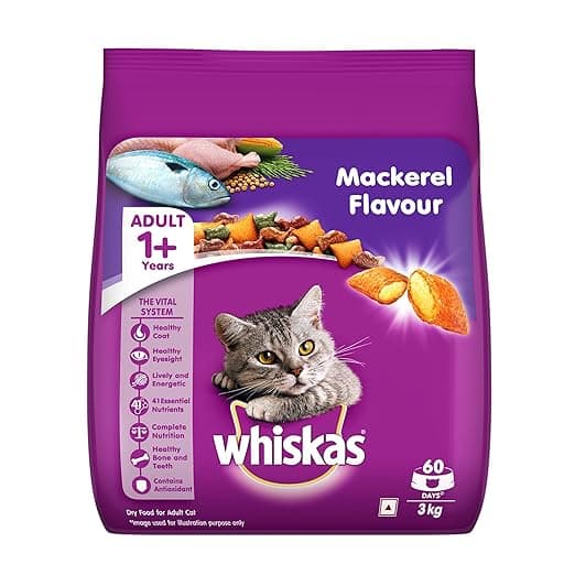 Whiskas Adult (1+ Years) Dry Cat Food, Mackerel Flavour, 3 kg
